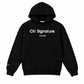  “Black Chi Signature Chicago pullover hoodie, front view with white chest lettering, drawstring hood and pouch pocket.”