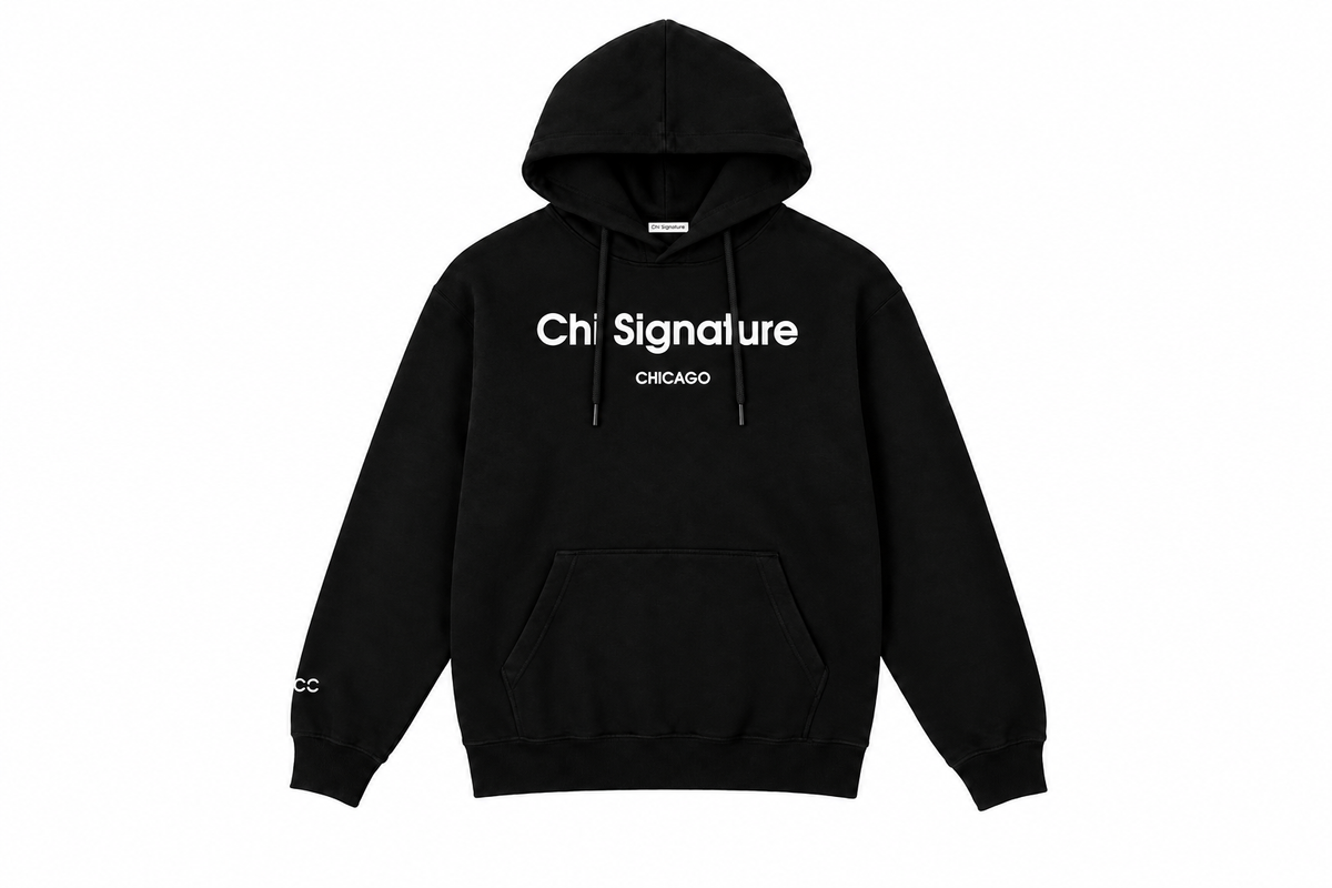  “Black Chi Signature Chicago pullover hoodie, front view with white chest lettering, drawstring hood and pouch pocket.”