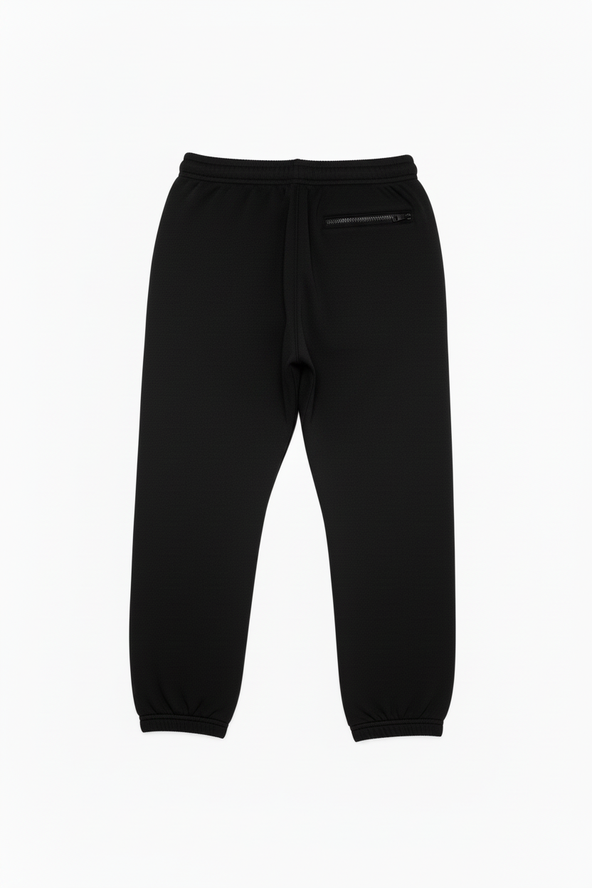 Black jogger pants with an elastic waistband, drawstring, and a zippered pocket on the back, shown against a plain white background.
