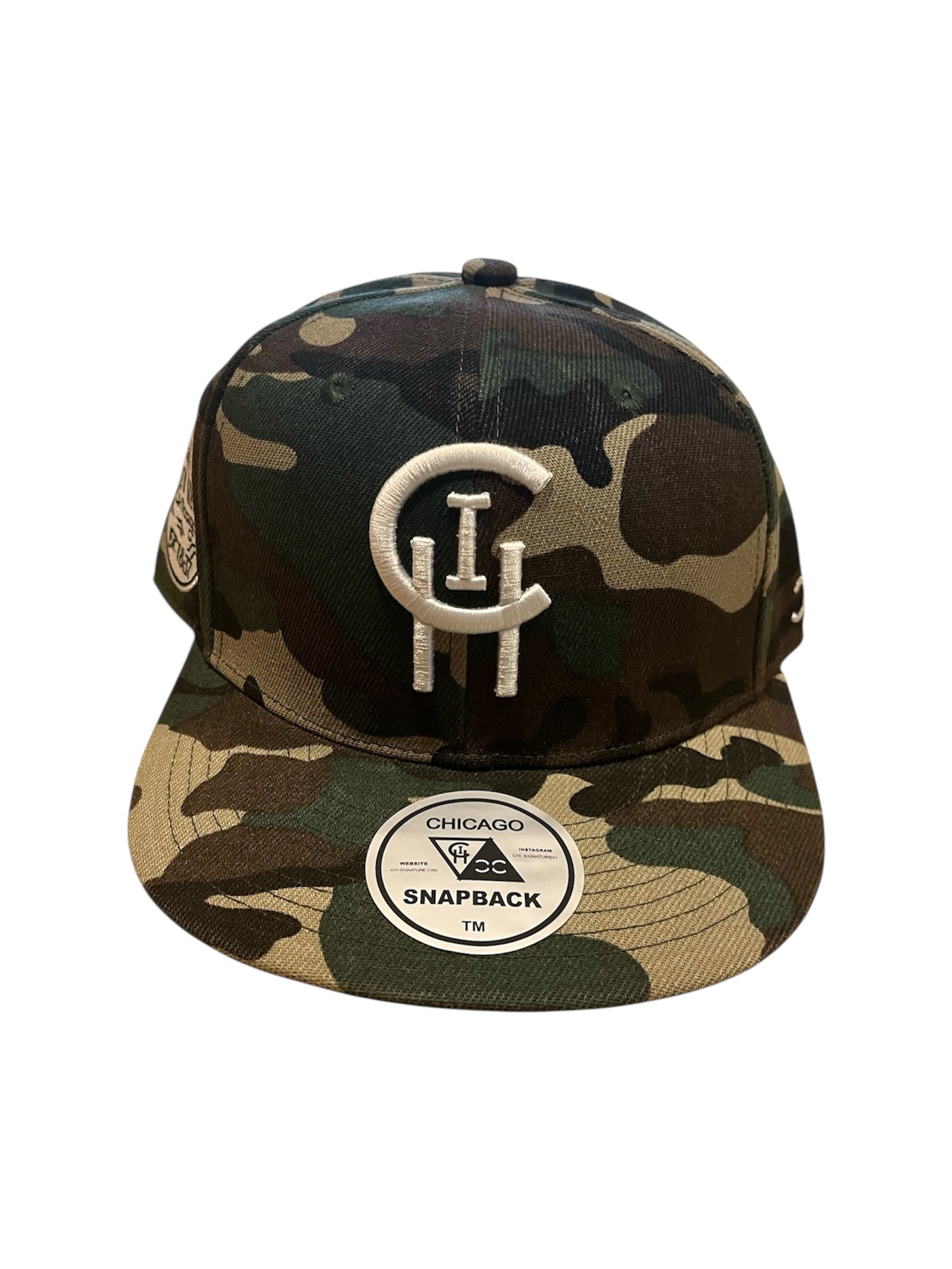 ARMY GREEN CAMOUFLAGE CHI SIGNATURE SNAPBACK WITH FRONT LOGO ON WHITE BACKGROUND
