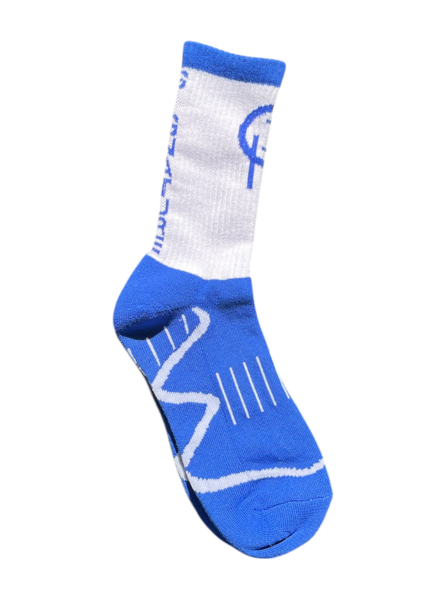 Royal Blue and white sock with a chicago logo on a white background