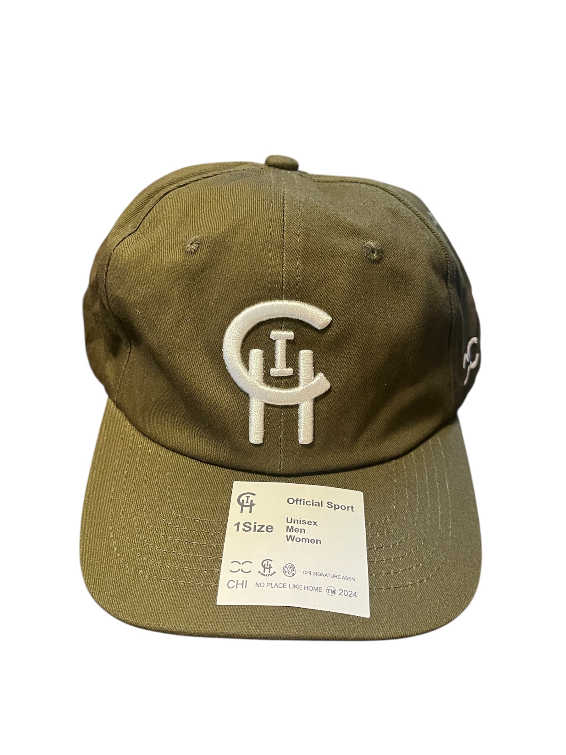 CHICAGO OLIVE GREEN CHI SIGNATURE UNSTRUCTURED DAD HAT ON WHITE BACKGROUND