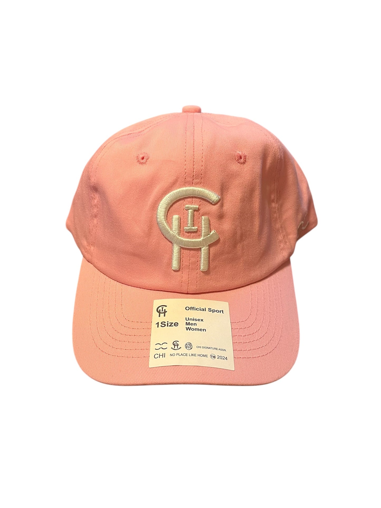 CHICAGO PINK CHI SIGNATURE UNSTRUCTURED DAD HAT ON WHITE BACKGROUND