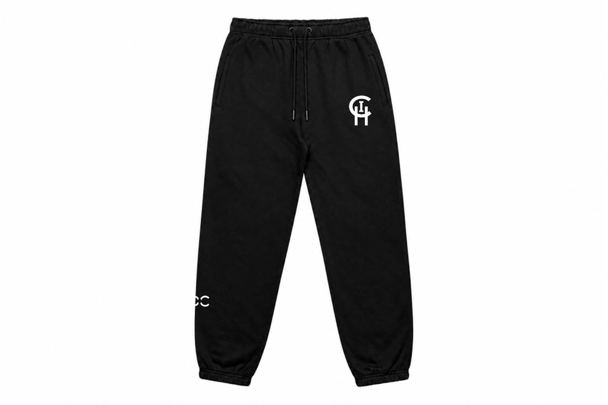 Black sweatpants with a white stylized 'CHI' logo on the left thigh and a matching logo on the lower left leg, shown against a plain white background.
