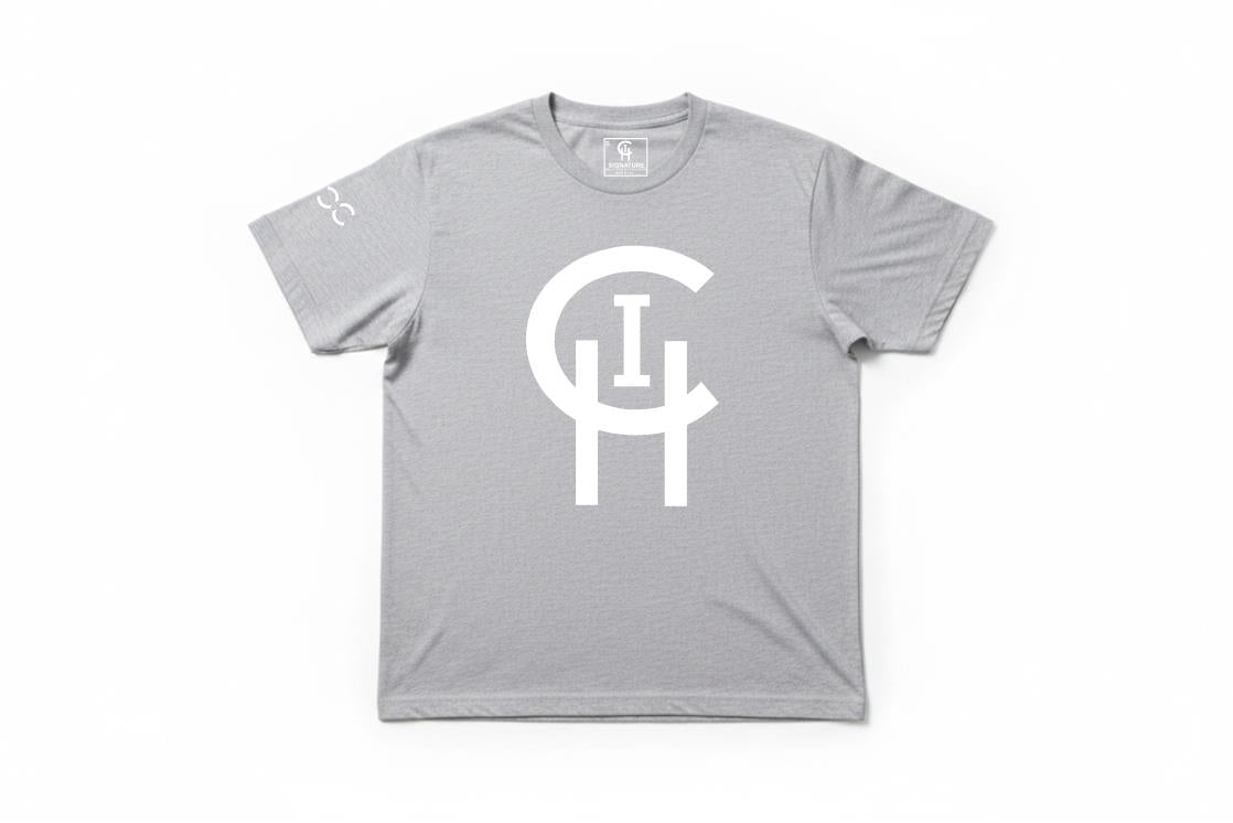CHI SIGNATURE FLAT IMAGE GRAY TEE WITH CLASSIC LOGO ON WHITE BACKGROUND