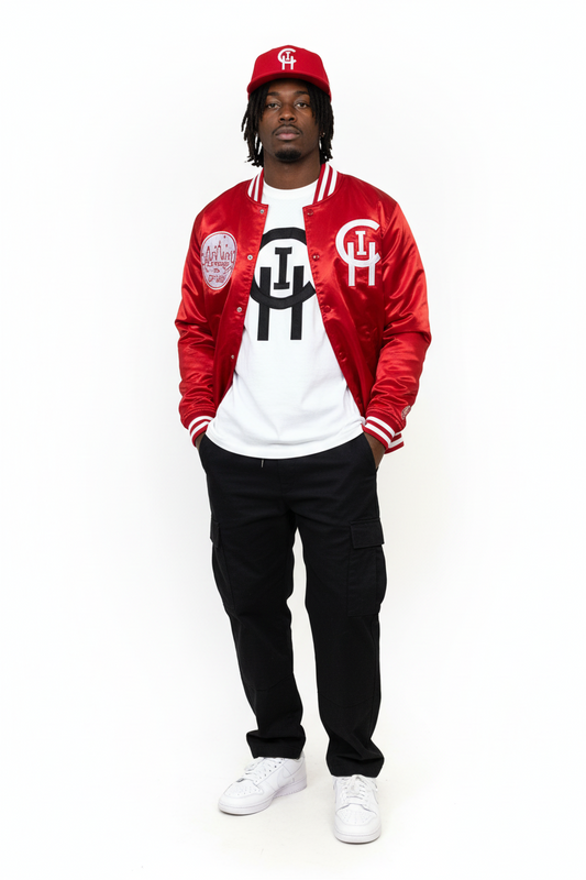CHICAGO RED CHI SIGNATURE STARTER JACKET ON BLACK MODEL WITH SIGNATURE CLASSIC WHITE TSHIRT WITH BLACK LOGO AND RED CHI SNAPBACK